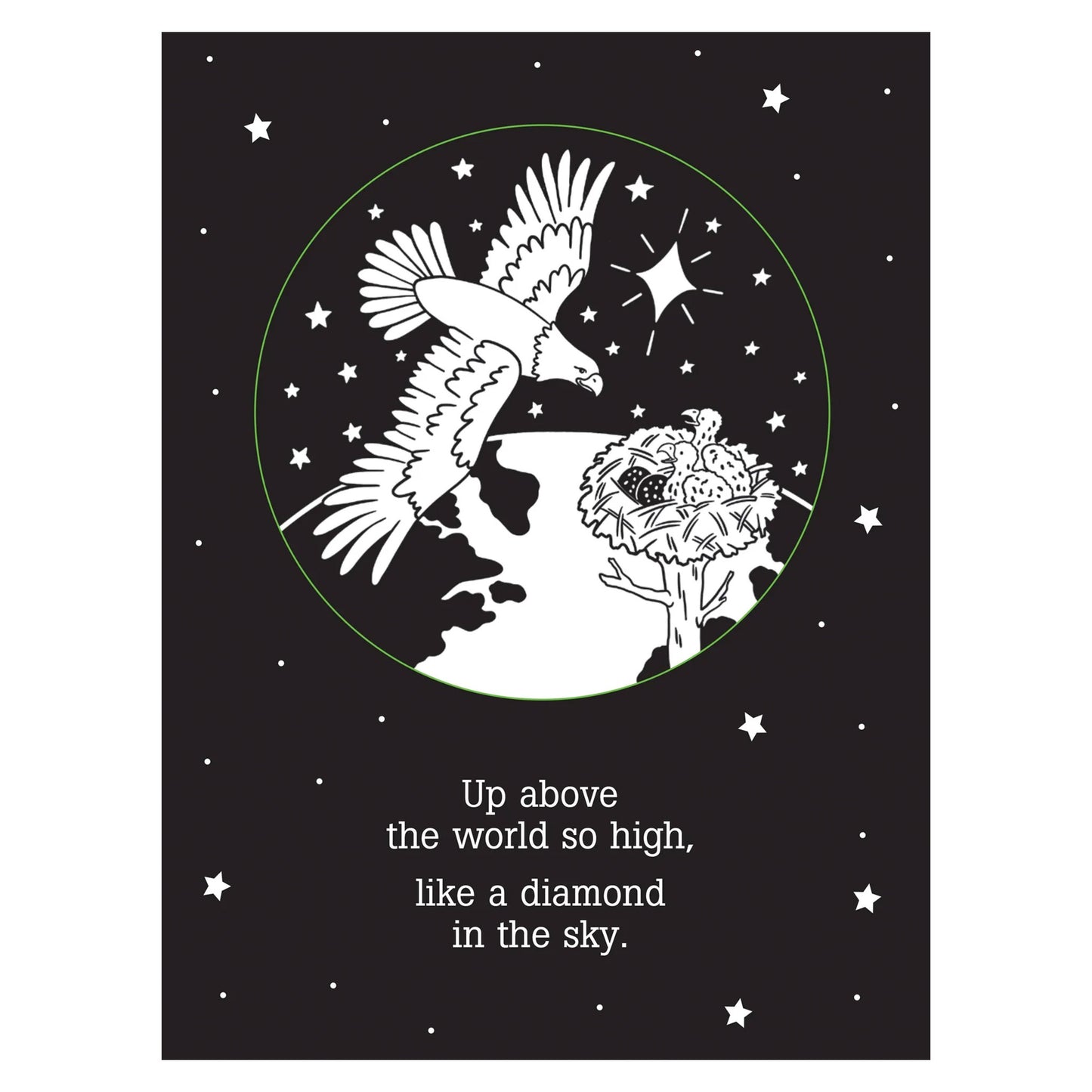 Black and white illustration of an eagle and a flower with stars in the background, accompanied by a quote.