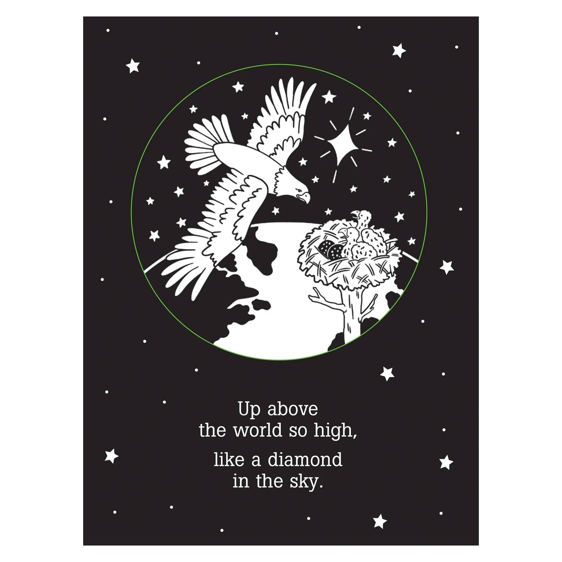 Black and white illustration of an eagle and a flower with stars in the background, accompanied by a quote.