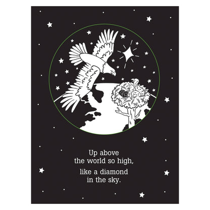 Black and white illustration of an eagle and a flower with stars in the background, accompanied by a quote.