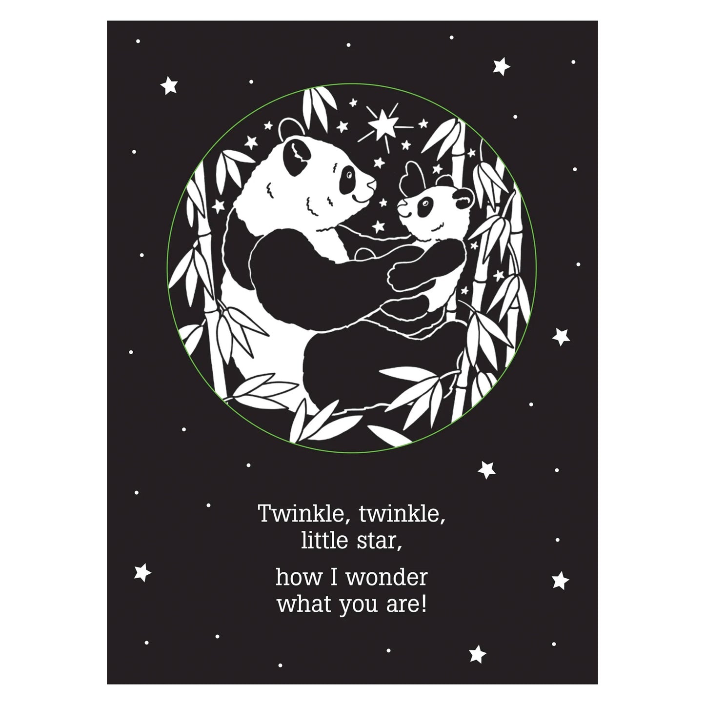 Illustration of a panda and a cat hugging with stars and leaves on a black background, featuring a famous poem.