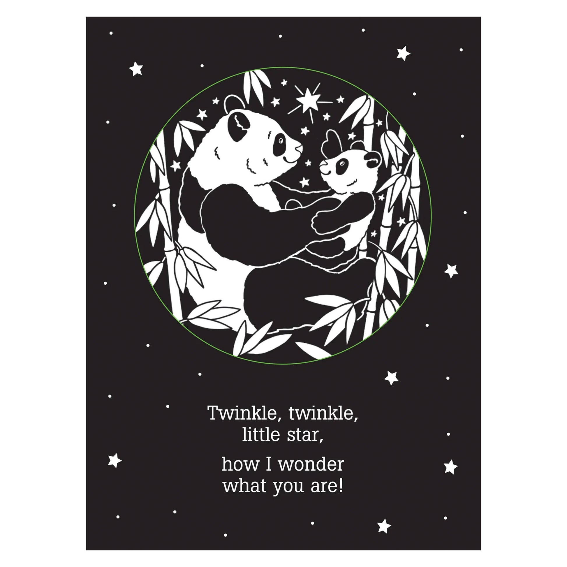 Illustration of a panda and a cat hugging with stars and leaves on a black background, featuring a famous poem.