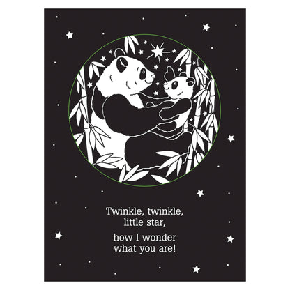 Illustration of a panda and a cat hugging with stars and leaves on a black background, featuring a famous poem.