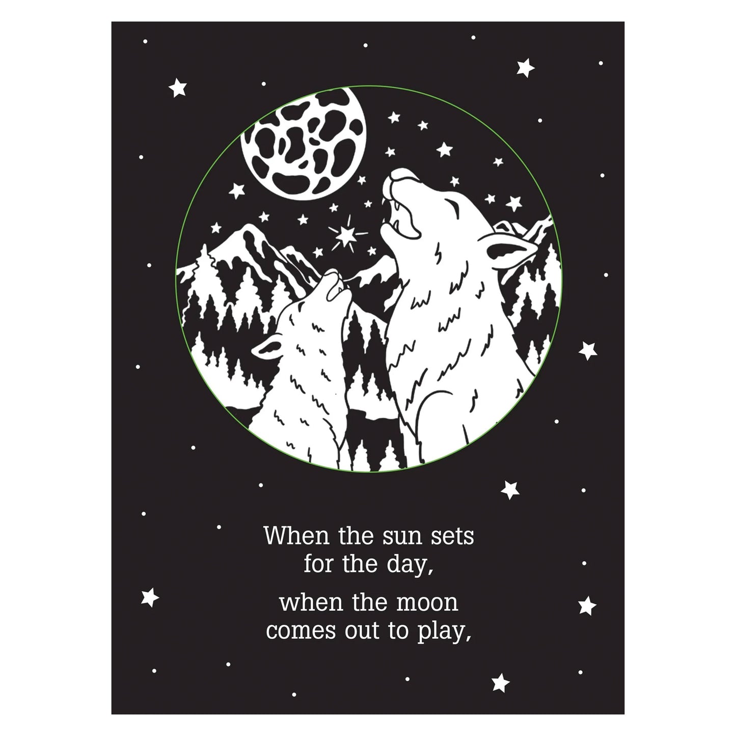 Illustration of two wolves howling at the moon with mountains in the background on a black background with stars.