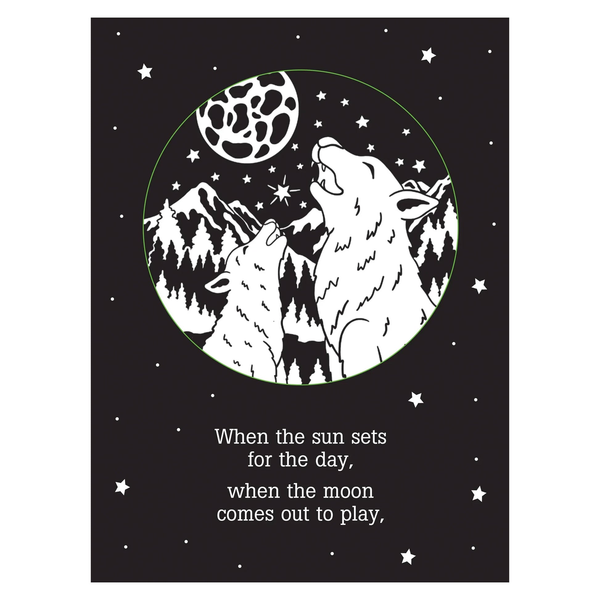 Illustration of two wolves howling at the moon with mountains in the background on a black background with stars.