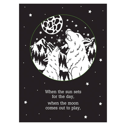 Illustration of two wolves howling at the moon with mountains in the background on a black background with stars.