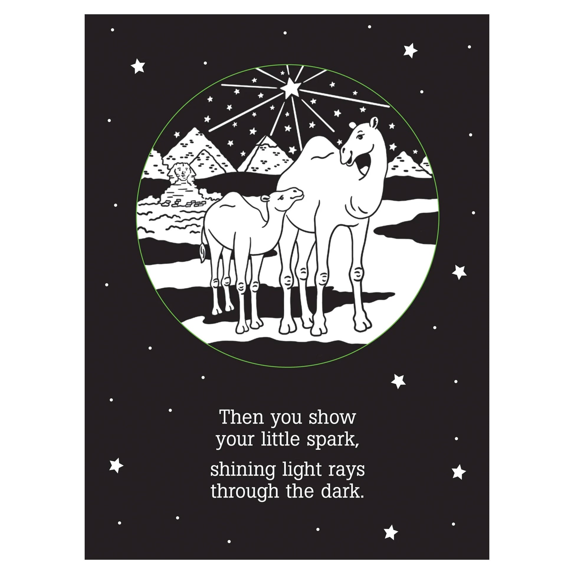 Illustration of two camels under a starry sky with mountains, on a black background.