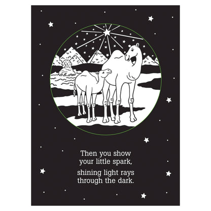 Illustration of two camels under a starry sky with mountains, on a black background.