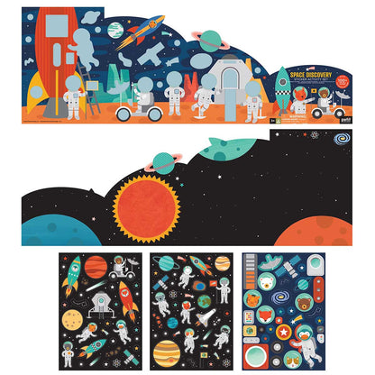 Set of space-themed children's posters and stickers with astronauts, planets, and rockets.
