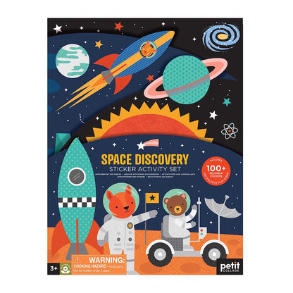 Space Discovery sticker activity set packaging with space-themed illustrations and Petit Collage branding.