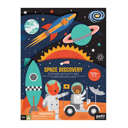 Space Discovery sticker activity set packaging with space-themed illustrations and Petit Collage branding.