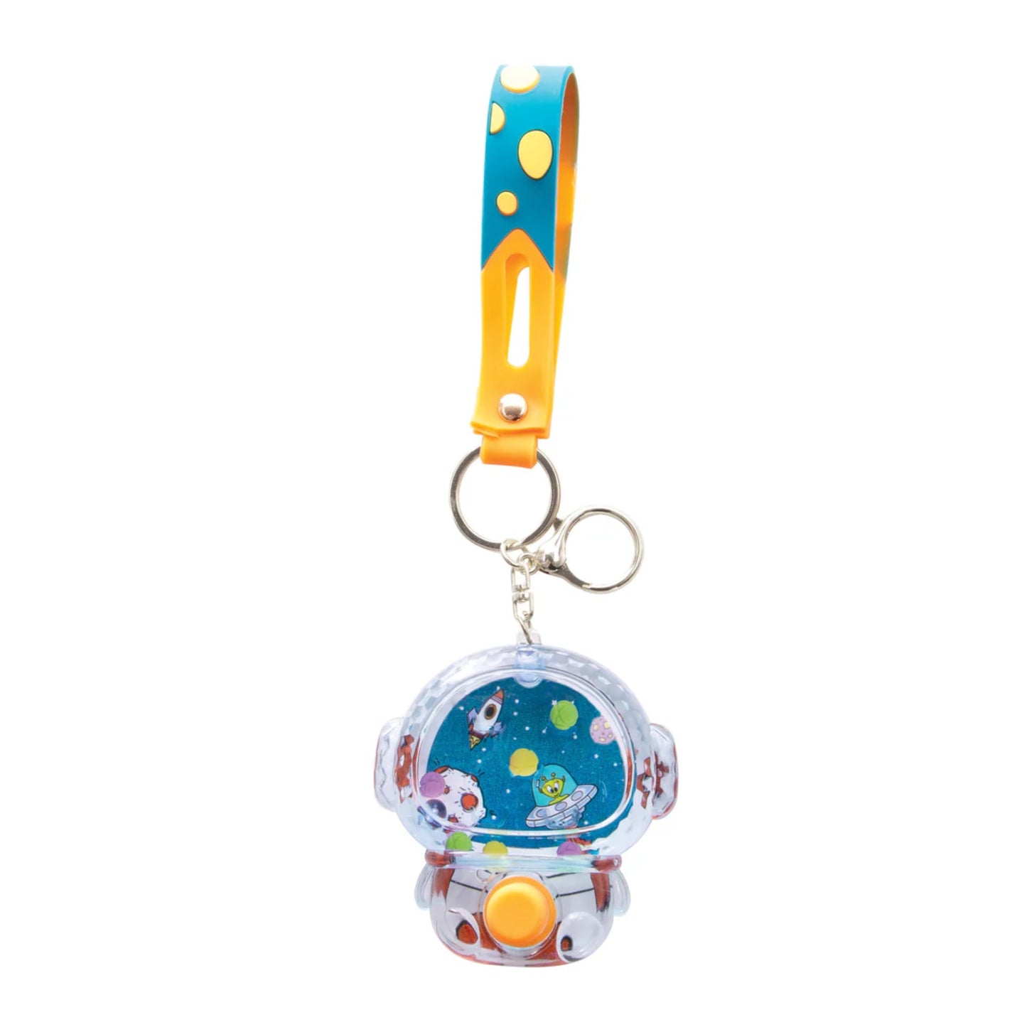Colorful keychain with a small compartment displaying cartoon characters on a white background
