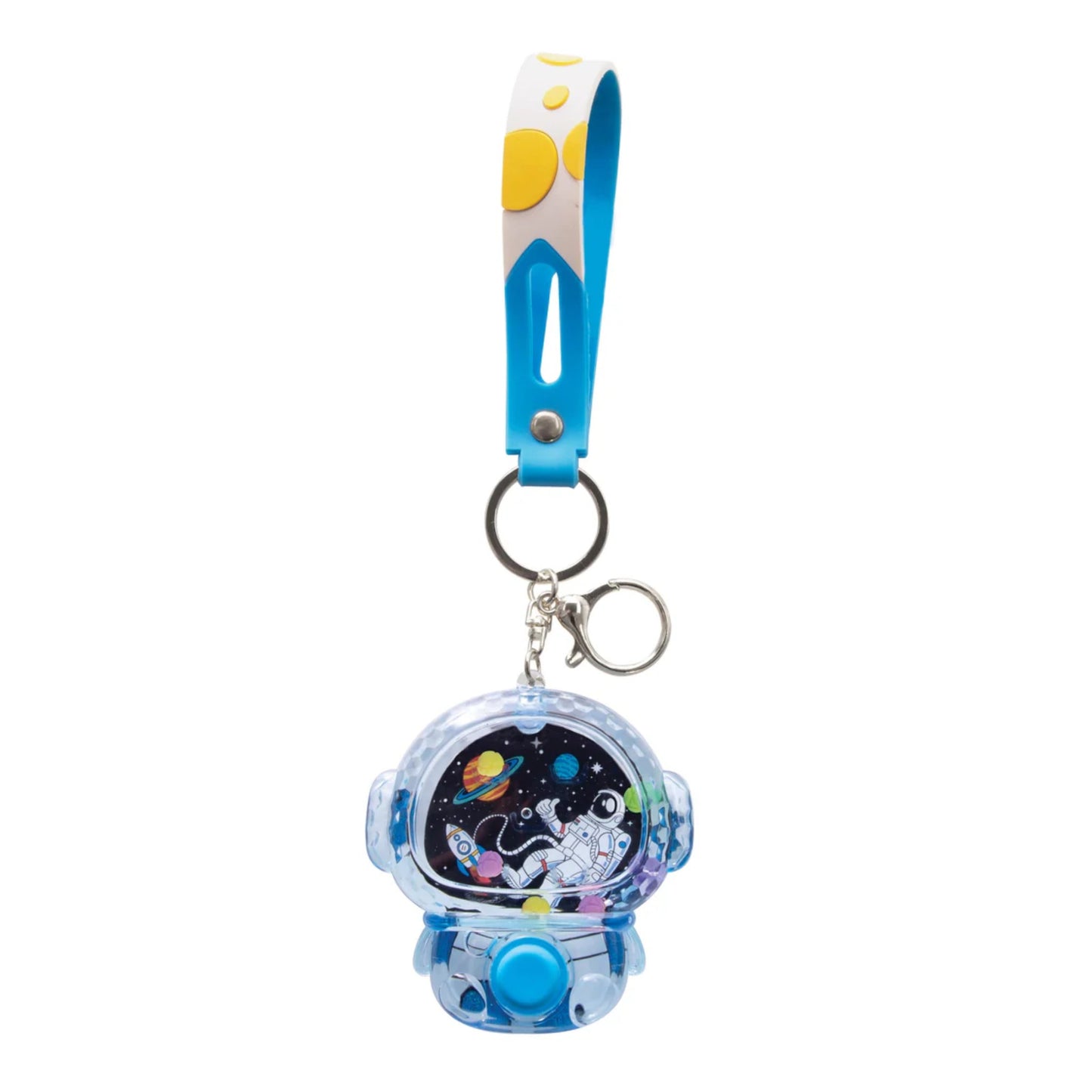 Colorful keychain with space-themed design on a white background