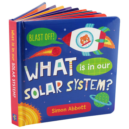 Children's book titled 'What is in our Solar System?' with colorful illustrations on a white background
