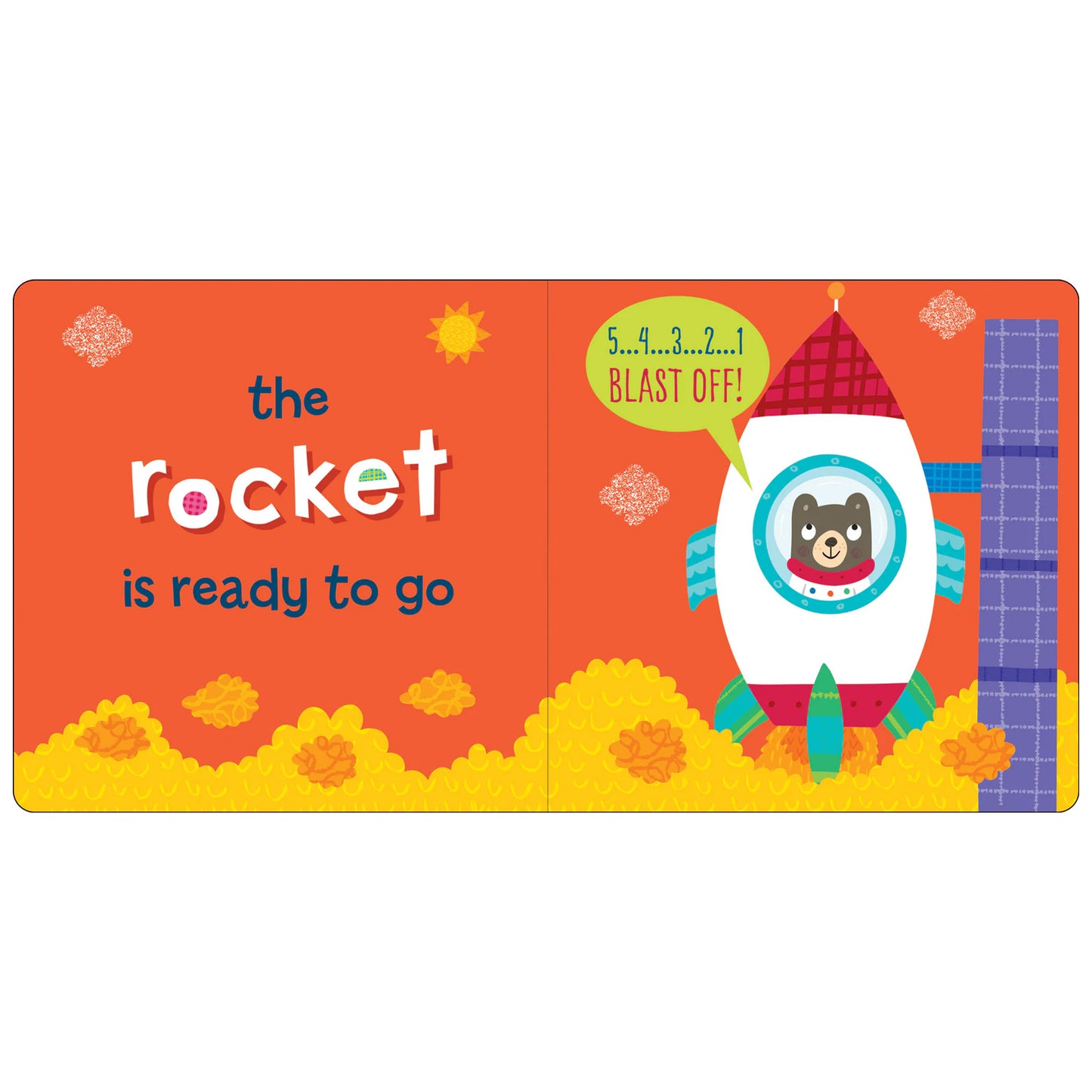 Children's book cover with a rocket and bear character on an orange background