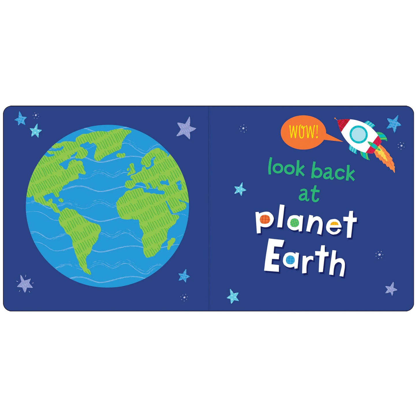 Children's book cover with illustration of Earth and space-themed text on a blue background