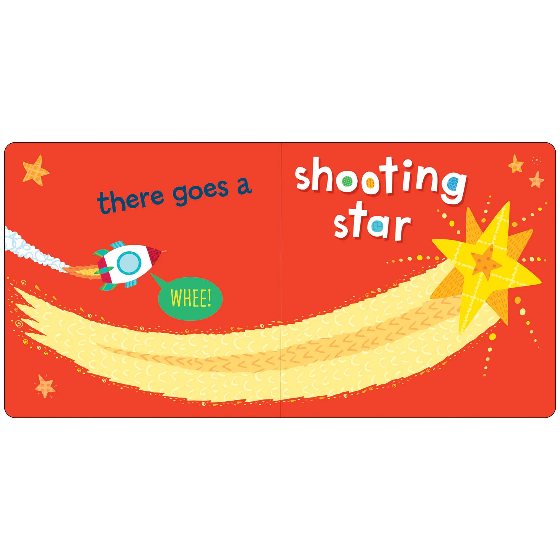 Children's book cover with a red background, yellow shooting star, and text 'there goes a shooting star whee!'.
