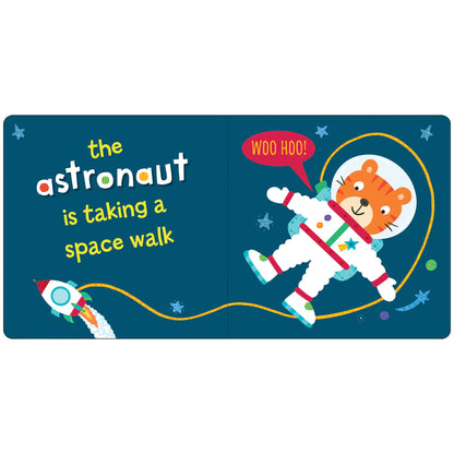 Children's book cover with a tiger astronaut on a blue background