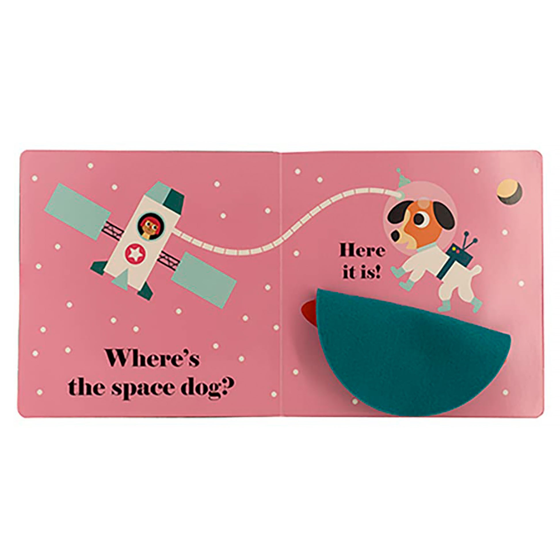 Children's book page with space-themed illustrations on a pink background