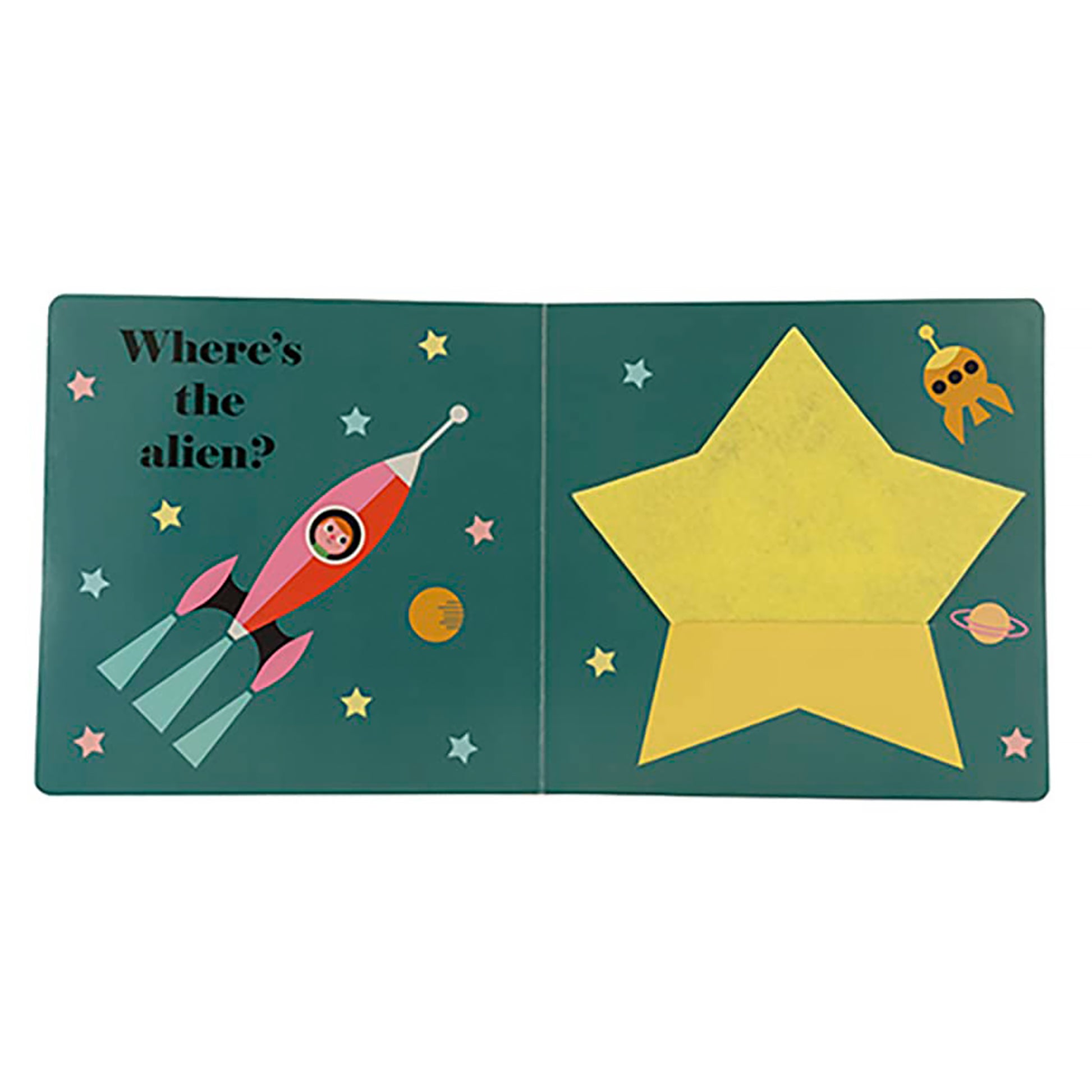 Children's book open to a page with a space-themed illustration, including a rocket ship and star.